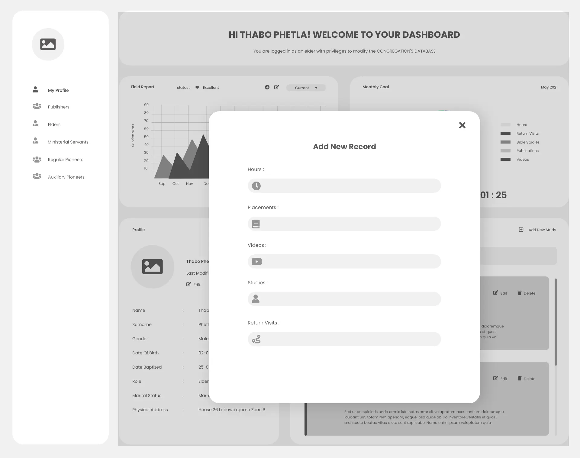 Low-fidelity prototype concept for congregation cms